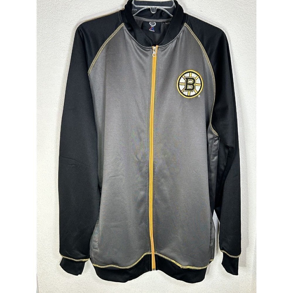 Boston Bruins Jacket Mens XLT Tall Black Yellow Spellout Long Sleeve Zip Front - Picture 2 of 13